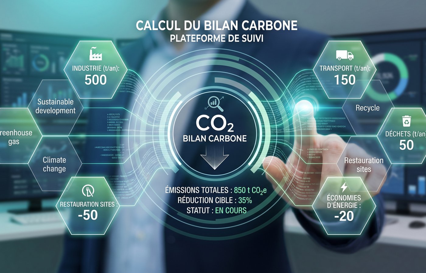 Plateforme de suivi du calcul du bilan carbone : répartition par poste d'émission (industrie, transport, déchets, économies d'énergie)