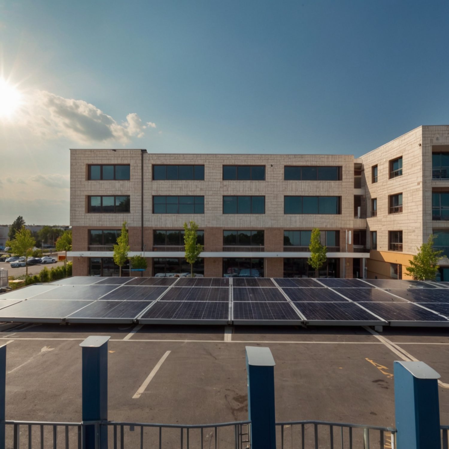 Solar carport shading a parking area in front of a commercial building