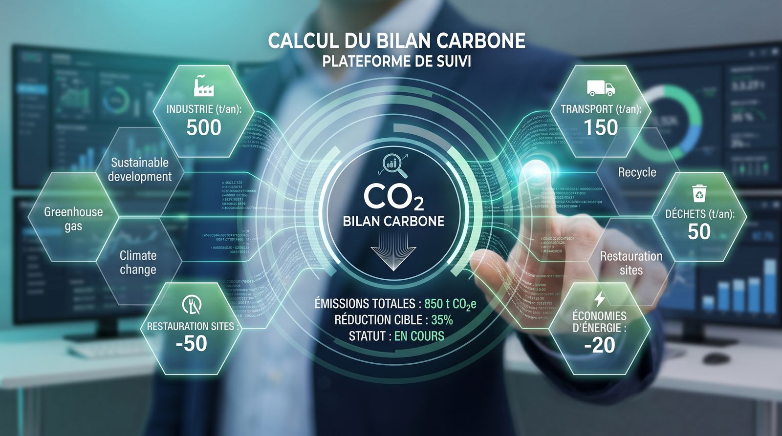 Interface de suivi du bilan carbone : émissions par catégorie et indicateurs clés